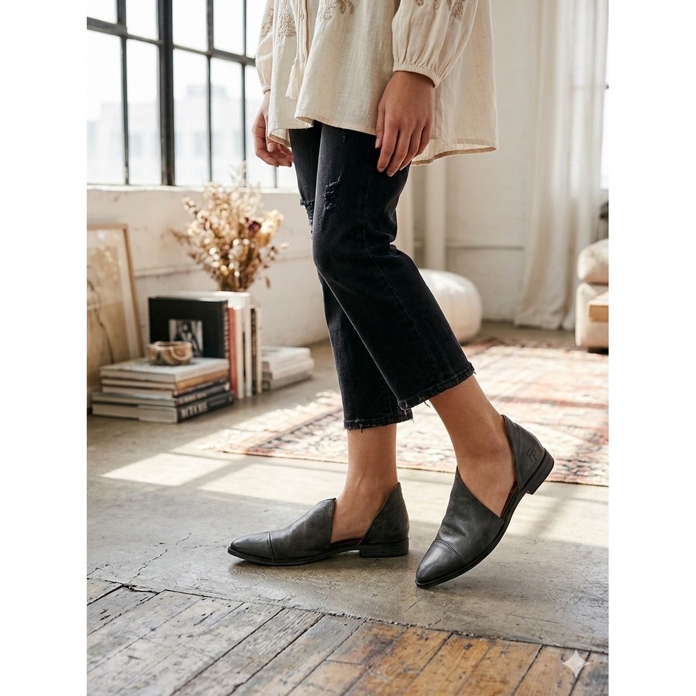 Free People Royale Flat Charcoal Grey Leather Pointed Toe Cutout Shoes Size 38